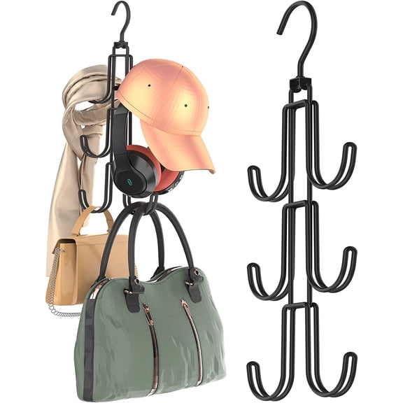 NOGIS 360° Rotating Purse Hangers, 2 Pack Purse Organizer for Closet, Black Metal Bag Holder Storage Hooks, Portable Purse Racks for Hanging Purses, Bags, Scarves, Ties, Belts, Hats（Black）