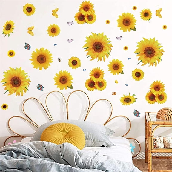NOGIS 3D Sunflower Wall Decals Butterfly Stickers, Removable Yellow Flower Butterfly Wall Decor Sunflower Wallpaper Window Clings Water Bottle Stickers for Kids Girls Room Kitchen Nursery Party