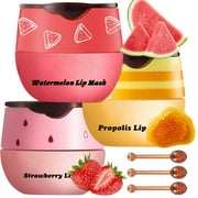 NOGIS 3Pcs Bee Balm Lip Balm Honey Pot with Stick, Honey Strawberry Watermelon Moisturizing and Hydrating Sleeping Lip Mask, Day and Night Repair and Care, Redu