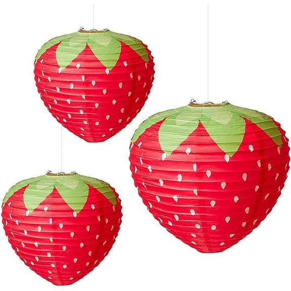 NOGIS 3pcs Strawberry Paper Lantern, Fruit Themed Strawberry Party Supplies Cute Hanging Ornaments Room Decor Hungry Caterpillar Party Decorations Backdrop for Birthday Wedding