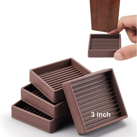 NOGIS 3x3 Square Rubber Furniture Caster Cups, Anti-Sliding Furniture Pads Bed Stopper Floor Protectors with Grip - Protect Any Flooring 4 Packs