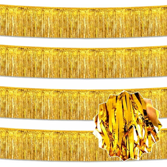 NOGIS 4 Pack 9.8 Feet Foil Fringe Garland Metallic Tinsel Streamers Banner Wall Hanging Curtain Backdrop Banner for Parade Floats, Thanksgiving, Christmas, Birthday,Halloween Party Decor (Gold)