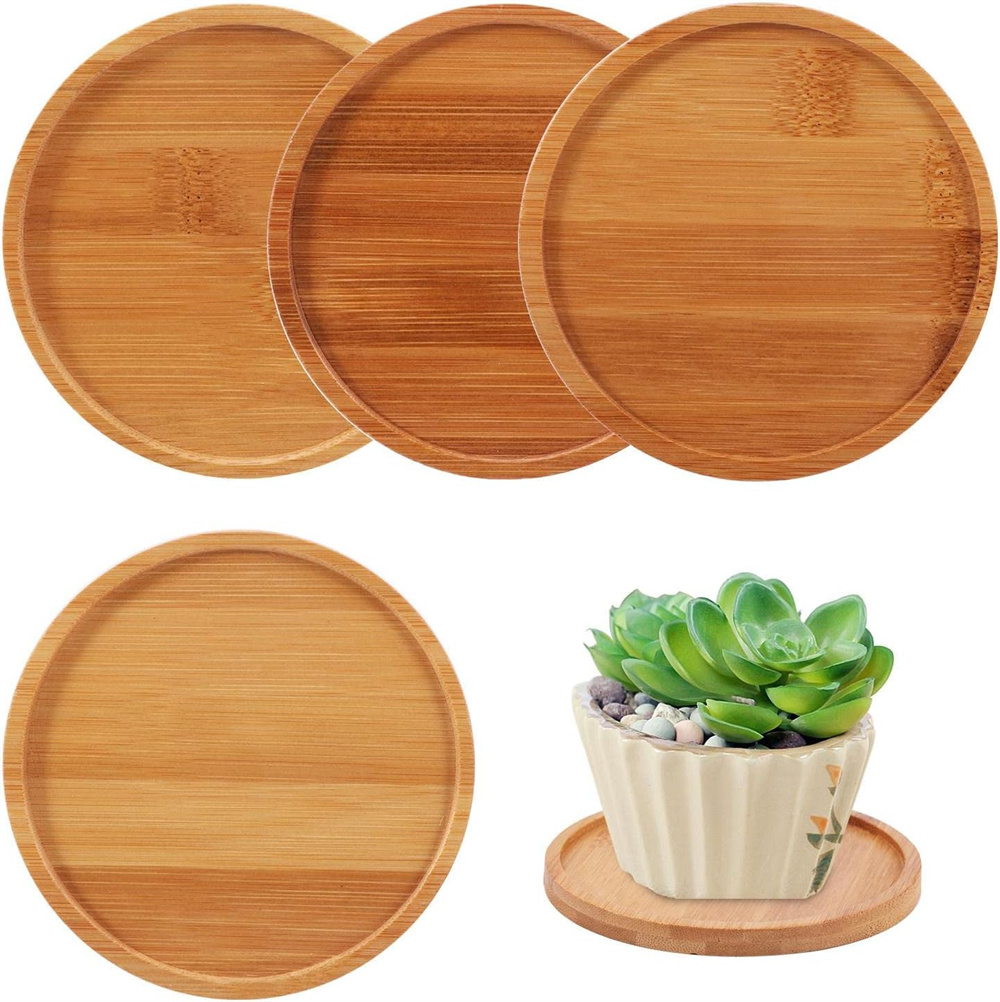 NOGIS 4 Pack Bamboo Plant Pot Saucers, 4.7 Inch Round Bamboo Plant