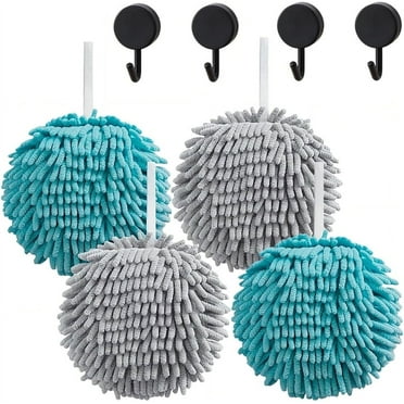 NOGIS 4 Pack Chenille Hand Towels, Hanging Soft Absorbent Quick Dry Fuzzy Ball Hand Towels with 4 Hooks, Fluffy Hand Towel Dry Hands Instantly for Bathroom Kitchen (2 Grey+2 Blue)
