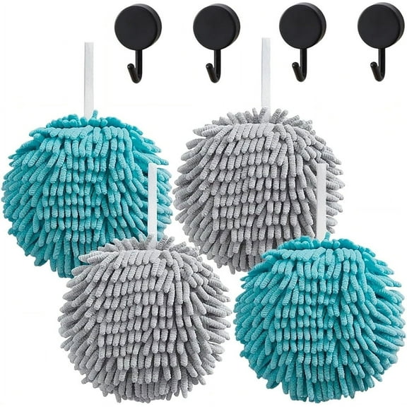 NOGIS 4 Pack Chenille Hand Towels, Hanging Soft Absorbent Quick Dry Fuzzy Ball Hand Towels with 4 Hooks, Fluffy Hand Towel Dry Hands Instantly for Bathroom Kitchen (2 Grey+2 Blue)