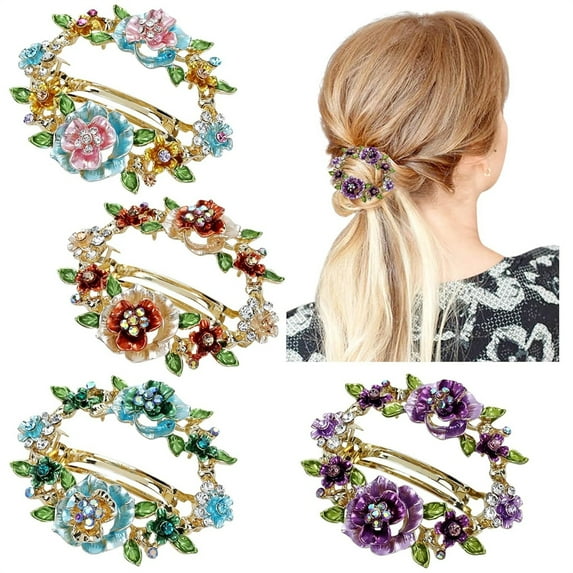 NOGIS 4 Pack Fancy Delicate Floral Leaf Jeweled Gems Rhinestone Glitter Sparkly Metal Hair Clips Snap Barrettes Grip Hairpins Clamp Thick Hair Ponytail Holder Bun Accessories for Women(Style B)