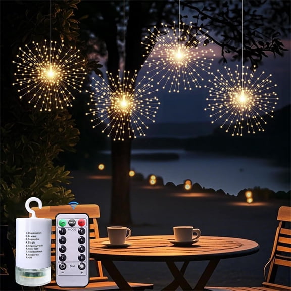 NOGIS 4 Pack Firework Lights Led Copper Wire Star String Lights 8 Modes Battery Operated Fairy Lights with Remote,Wedding Decorative Hanging Lights for Party Patio Garden Decoration