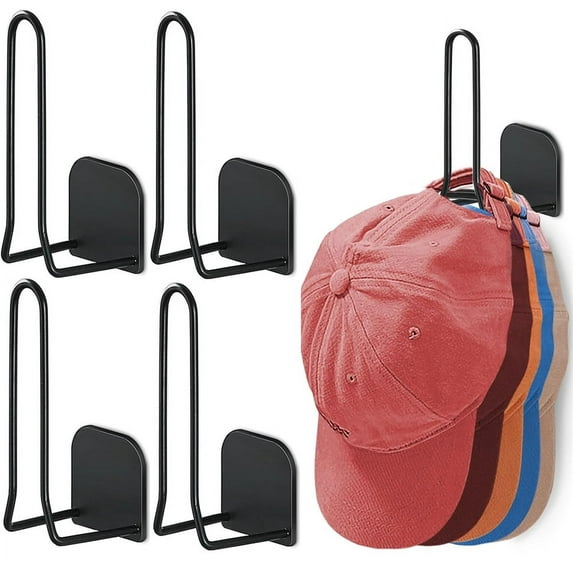 NOGIS 4-Pack Hat Rack for Wall Hat Organizer, Metal Hat Racks for Baseball Caps, Adhesive Hat Hangers for Wall, Sticky Hat Storage for Baseball Caps, No Drilling Hat Hooks for Closet(Black)