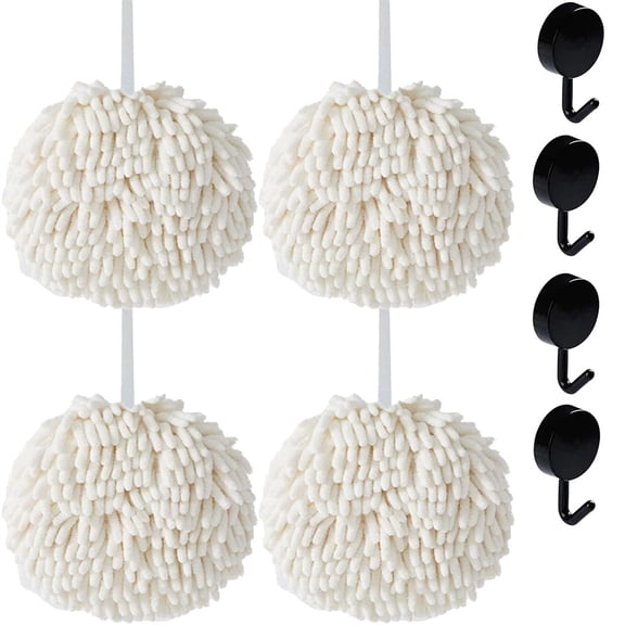 NOGIS 4 Pack Microfiber Chenille Hand Towels, Fuzzy Ball Hand Towels for Bathroom Kitchen with Hanging Loops, Soft Fast Drying Decorative Hand Bath Towels with 4 Hooks (White)