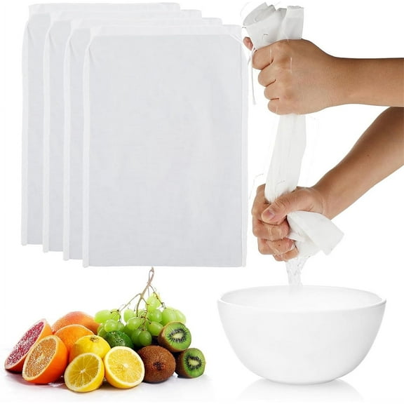 NOGIS 4 Pack Nylon Nut Milk Bag 12×8 Inches Fine Mesh Cheese Cloth Multiple Usage Reusable Food Strainer Professional Cold Brew Filter for Straining Fruit Juice Coffee Tofu Greek Yogurt Tea