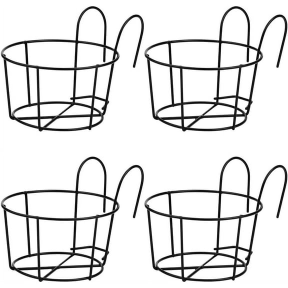 NOGIS 4 Pack Round Hanging Railing Planters Basket Metal Balcony Planters Railing Hanging Flower Pot Holders for Outside,IndoorBalcony,Garden