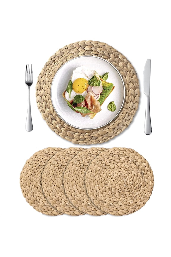 4 Pack Woven Placemats, Natural Hand-Woven Water Hyacinth Placemats, Round Braided Rattan Tablemats for Dining Table, Large Weave Place Mats Heat Resistant Non-Slip Table Mats, 13.7 Inch