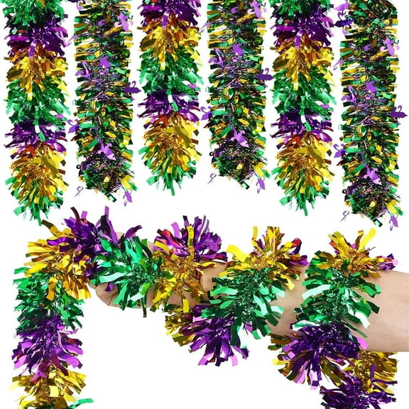 NOGIS 4 Pcs 26.3 Feet Mardi Gras Tinsel Garland Decoration Green Purple and Gold Metallic Festooning Garland Mardi Gras Decorations for Shiny Hanging Ornament for Carnival Party Indoor Outdoor