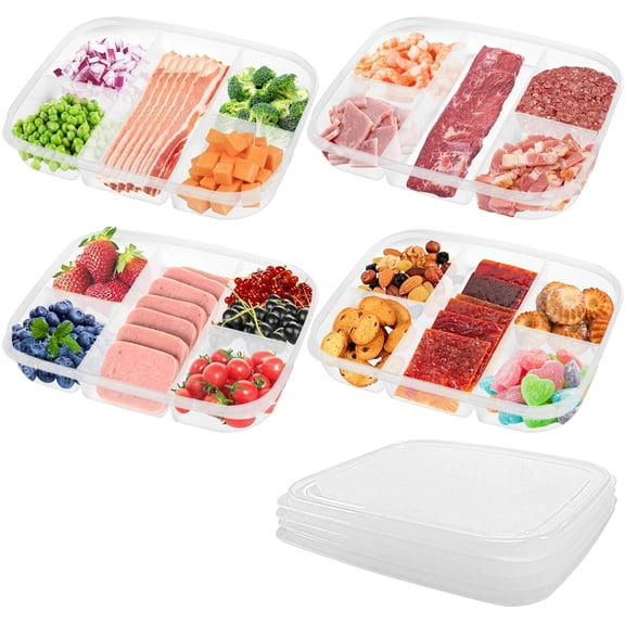 NOGIS 4 Pcs Divided Veggie Tray with Lid, 5 Compartment Reusable Snackle Box Food Storage Container Fridge Organizer BPA-Free Container Serving Tray for Snack, Fruit, Candy, Nuts