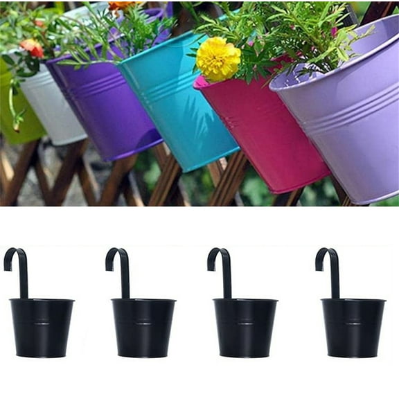 NOGIS 4 Pcs Hanging Flower Pots Metal Iron Bucket Planter Pot Metal Bucket Flower Holder with Hook Indoor Outdoor Decor for Railing Fence Balcony Garden (Black,4 inch)