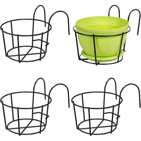 NOGIS 4 Pcs Round Hanging Flower Stand Balcony Planters Railing Hanging Metal Rack Fence Railing Planters Outdoor Balcony Hanging Flower Stand Shelf Container