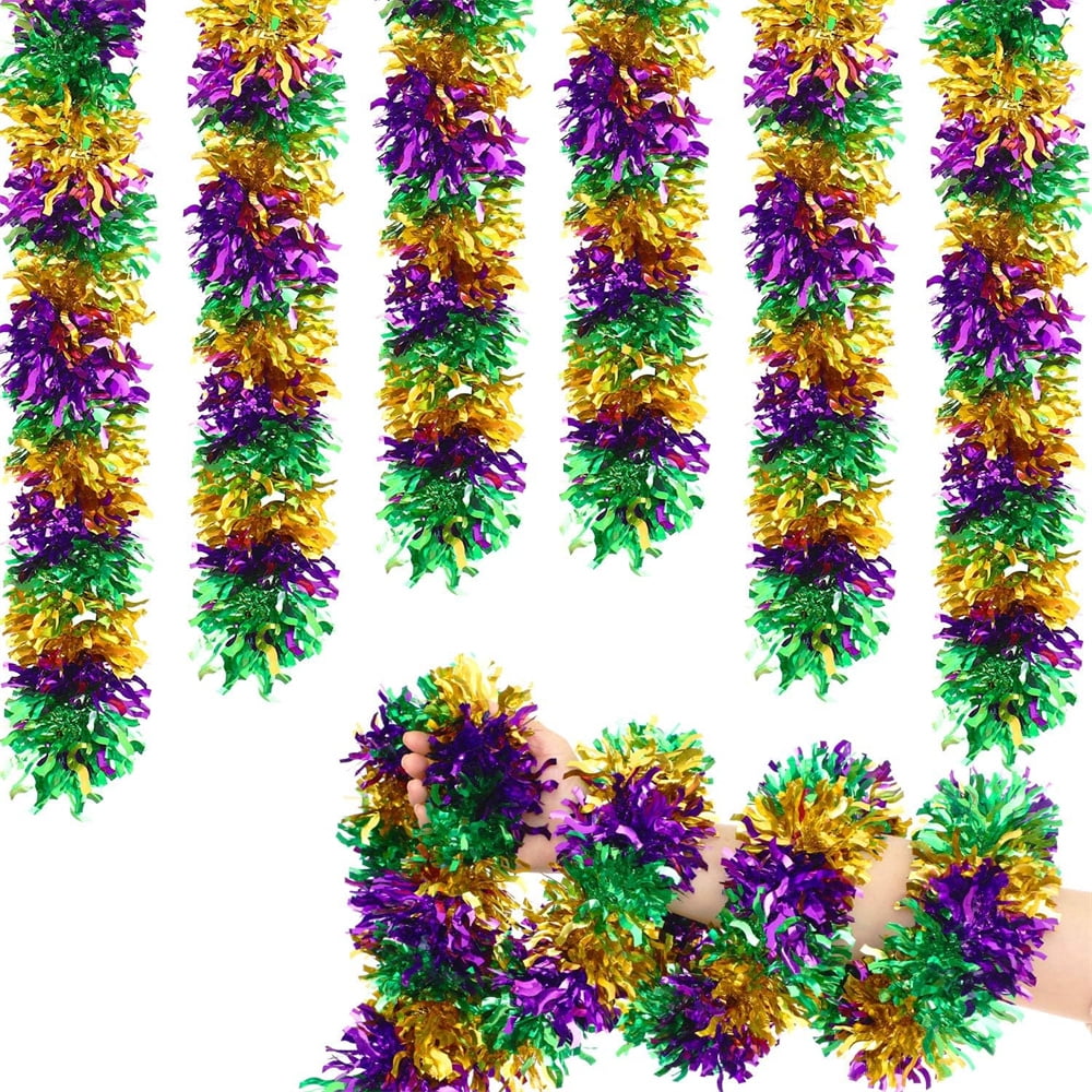 NOGIS 4 Pieces 26.3 Feet Mardi Gras Tinsel Garland Decoration Green Purple and Gold Metallic Festooning Garland Mardi Gras Decorations for Tree Shiny Hanging Ornament for Party Indoor Outdoor