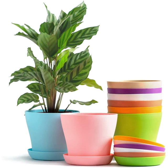 NOGIS 4" Plastic Planters with Trays, Indoor Set of 8 Flower Plant Pots ...