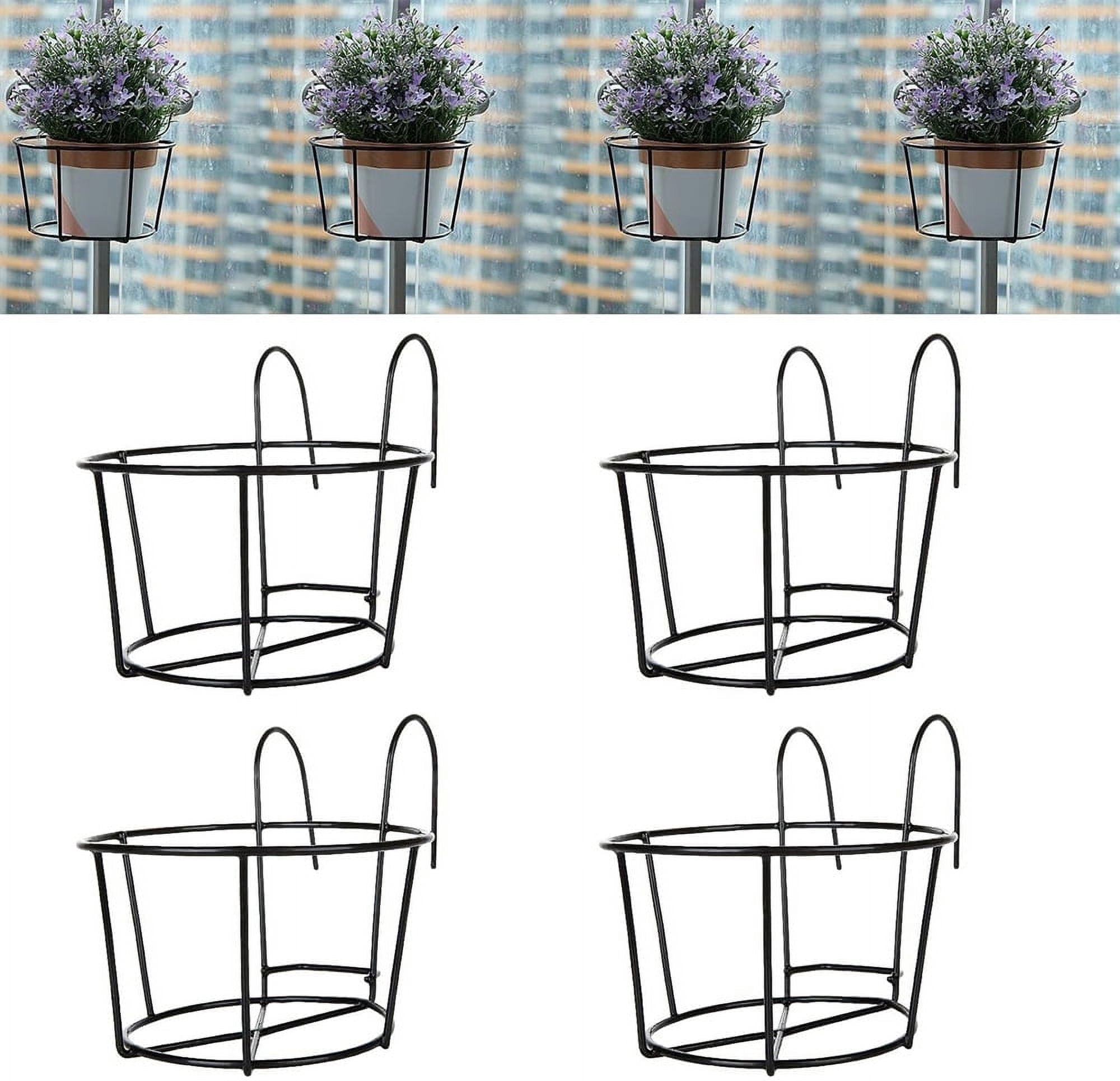 4Pcs Hanging Railing Planter, Flower Hangers for Porch Rail, Deck Railing Plant Hangers, NOGIS Balcony Planters Railing Hanging,Round Plant Baskets Metal Potted Mounted for Indoor Outdoor,Black