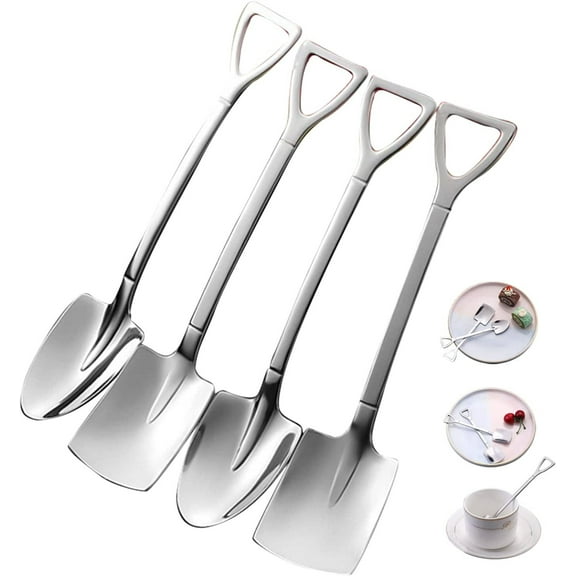 NOGIS 4PCS Shovel Shaped Spoons Dessert Spoon Set , Stainless Steel Long Handle-Tea Cake for Coffee Tea Sugar Ice Cream Stir Bar Spoons, Home Kitchen Restaurant Party Silver