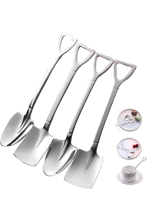4PCS Shovel Shaped Spoons Dessert Spoon Set , Stainless Steel Long Handle-Tea Cake for Coffee Tea Sugar Ice Cream Stir Bar Spoons, Home Kitchen Restaurant Party Silver