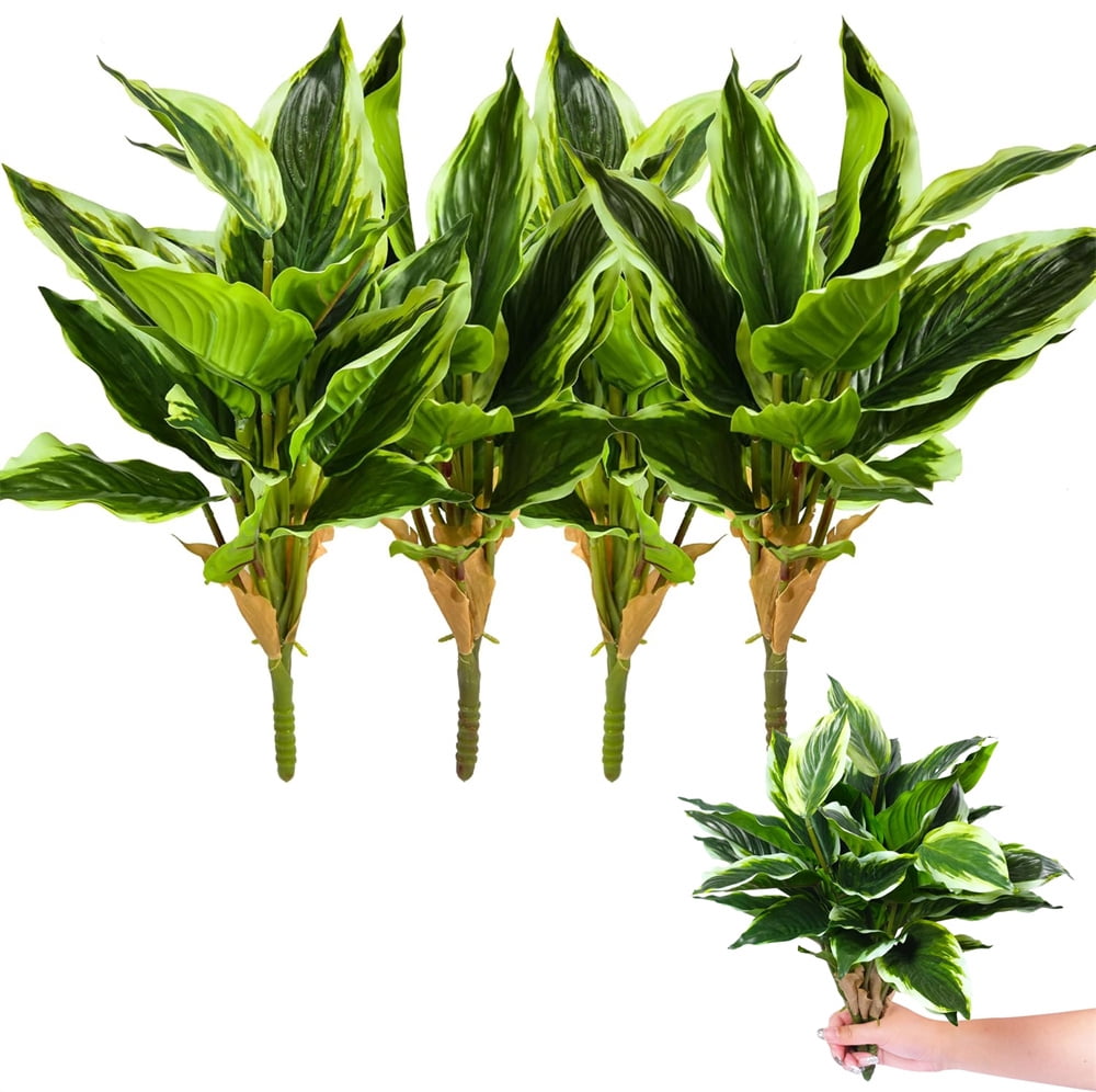 NOGIS 4Pack Variegated Hosta Artificial Plant 17.7" Faux Green Dieffenbachia Plant Greenery Aesthetic House Plants Outdoor Shrubs Indoor Office Yard UV Resistant Planter Filler