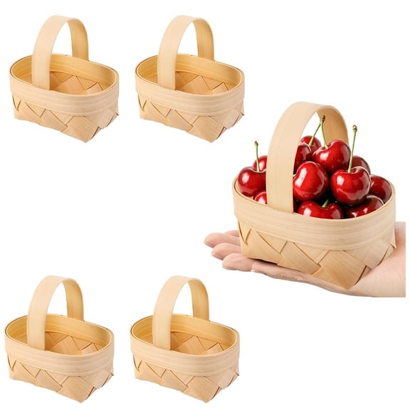 NOGIS 4Pcs Mini Picnic Basket With Handle, Small Woven Wooden Berry Strawberry Basket With Handle Bulk For Wedding Party Favor Farmhouse Decor