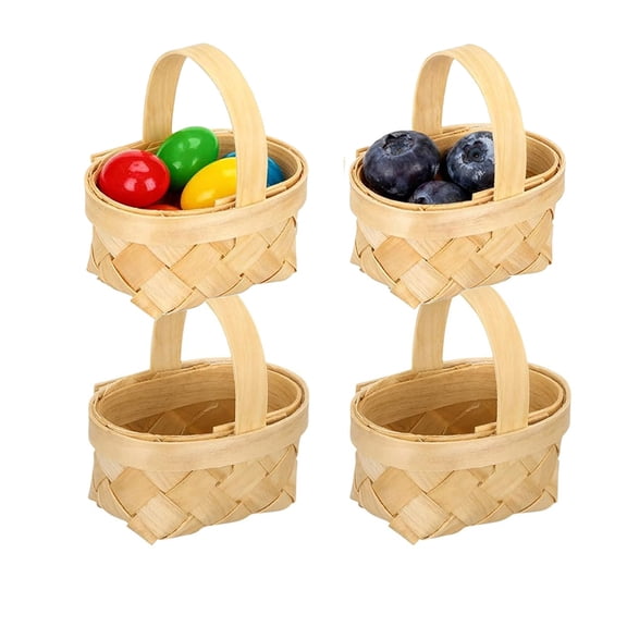 NOGIS 4Pcs Mini Woven Baskets, 4.3x3.1x2.1 in Miniature Wooden Candy Present Baskets with Handles, Farmhouse Flower Containers for Christmas, Easter, Wedding Party, Crafts Decorations