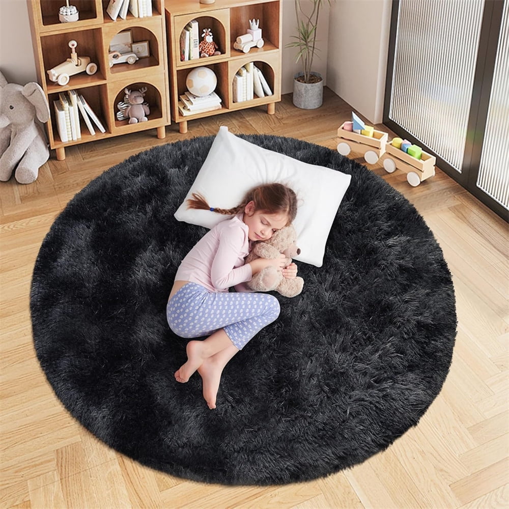 NOGIS 4x4 Ft Soft Black Round Area Rug for Bedroom Modern Fluffy Circle ...