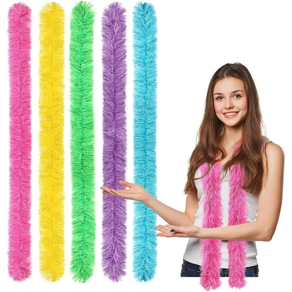 NOGIS 5 Pcs 5 ft Colorful Feather Boas Thin Plush Turkey Feather Scarf for Unisex Women Adult Costume Party Bulk Decorations Wedding Performance (Dark Purple/Green/Yellow/Red/Orange)