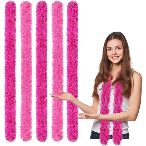 NOGIS 5 Pcs 5 ft Feather Boas Artificial Fluffy Boas Decoration Feather Scarf for Women Halloween Tea Party (Pink/Rose Red)