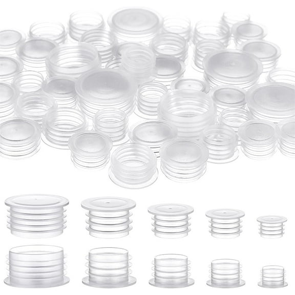 NOGIS 5 Size 50PCS Salt and Pepper Shaker Stoppers Plastic Salt Shaker Plug Stopper 1/2 to 7/8 inch Replacement Plug Bottle Caps Reusable Clear Round End Cap for Bottles Pipes Flower Pots