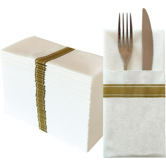 NOGIS 50 Pack Gold Paper Dinner Napkins with Built-in Flatware Pocket Disposable Paper Hand Napkins for Parties, Weddings, Events Linen-Feel 16x16 inches