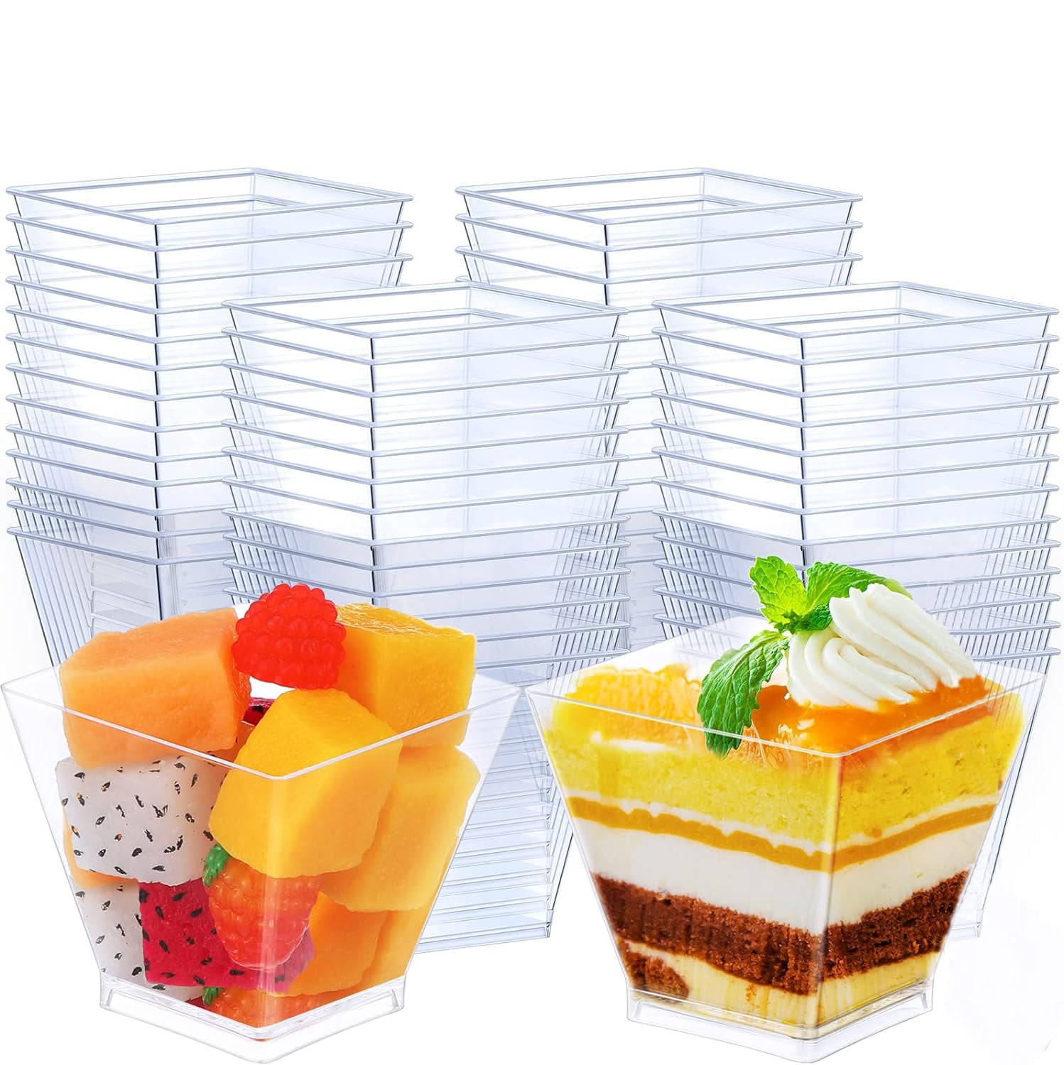 NOGIS 50 Pcs 2oz Dessert Cups Plastic Transparent Square Shot Glasses Disposable Mini Cake Cube
