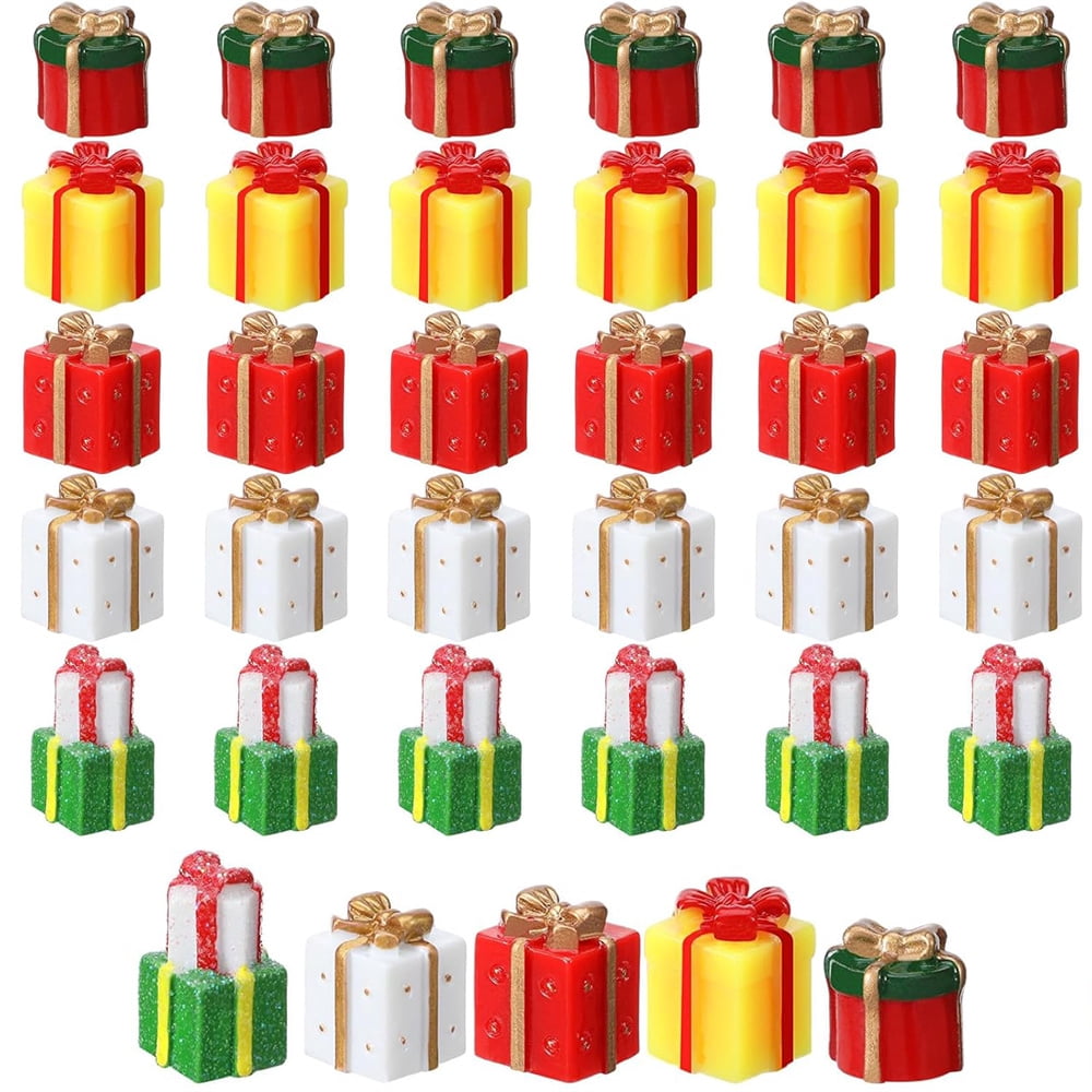 NOGIS 50 Pcs Christmas Miniature Resin Gift Boxes Multicolor Mini Christmas Ornaments Xmas Miniature Figurines Charms for Craft DIY Garden Accessories (Style A)