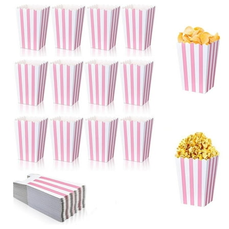 NOGIS 50 Pcs Disposable Paper Popcorn Boxes Bucket Candy Snack Container for Party, Popcorn Holders for Party Birthday Favor Supplies (Pink-Striped, 4.7x2.8 in)