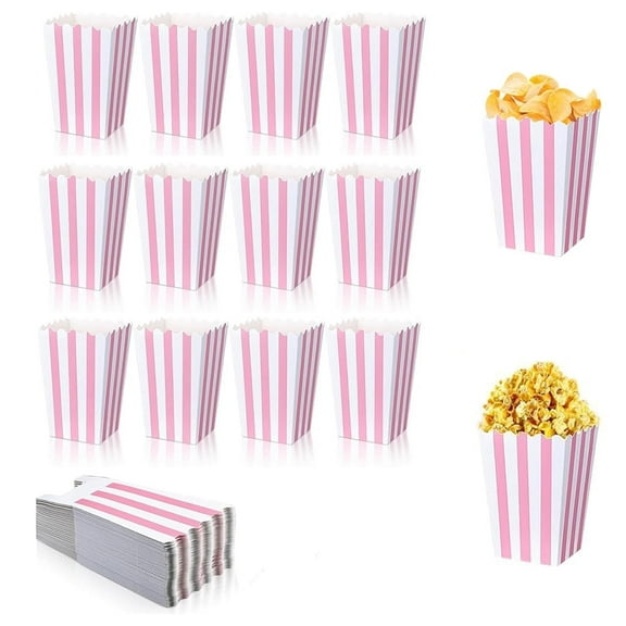 NOGIS 50 Pcs Disposable Paper Popcorn Boxes Bucket Candy Snack Container for Party, Popcorn Holders for Party Birthday Favor Supplies (Pink-Striped, 4.7x2.8 in)