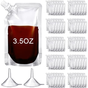 NOGIS 50 Pcs Plastic Flasks Pouches Bulk Reusable Plastic Pouches Leak Proof Juice Pouches Bags with Funnel for Travel Adults Women Men(Inclined Mouth, 3.5 oz)
