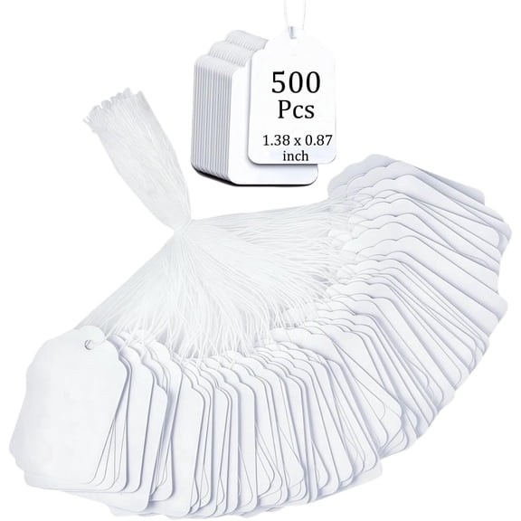 NOGIS 500 Pcs Price Tags with String Attached White Marking Tags Gift Tags with String Paper Price Labels Blank Labeling Writable Display Tags for Pricing Gift Jewelry Clothing, 1.38 x 0.87 inch
