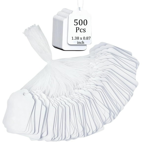 NOGIS 500 Pcs Price Tags with String Attached White Marking Tags Gift Tags with String Paper Price Labels Blank Labeling Writable Display Tags for Pricing Gift Jewelry Clothing, 1.38 x 0.87 inch