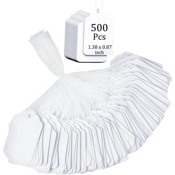 NOGIS 500 Pcs Price Tags with String Attached White Marking Tags Gift Tags with String Paper Price Labels Blank Labeling Writable Display Tags for Pricing Gift Jewelry Clothing, 1.38 x 0.87 inch