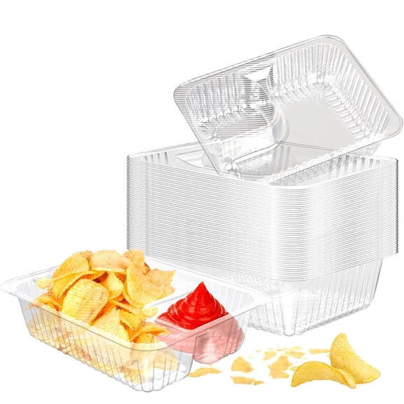 NOGIS 50Pcs Nacho Trays for Party, 6.3" x 5.1" Plastic Nacho Holders, 2 Compartments Clear Anti-Spill Nacho Containers with Chip and Dip Holder, Nacho Tray for Snacks, Movie Theater, Festivals