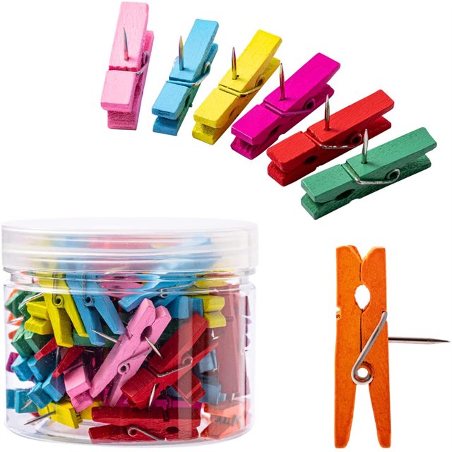 NOGIS 50Pcs Push Pins with Colorful Wooden Clips Pushpins Tacks ...