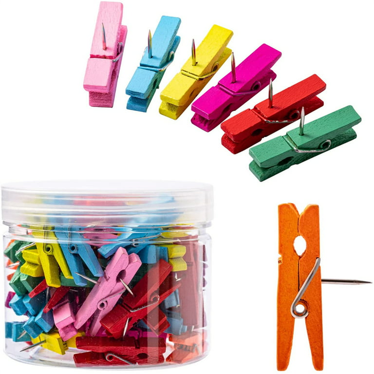 NOGIS 50Pcs Push Pins with Colorful Wooden Clips Pushpins Tacks