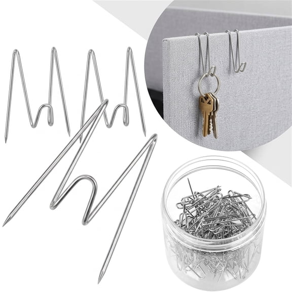 NOGIS 50pcs Fabric Panel Wall Wire Hooks with Storage Box, Stainless Steel Cubicle Hooks Wall Clips Picture Hangers for Home, Office Decor, Silver