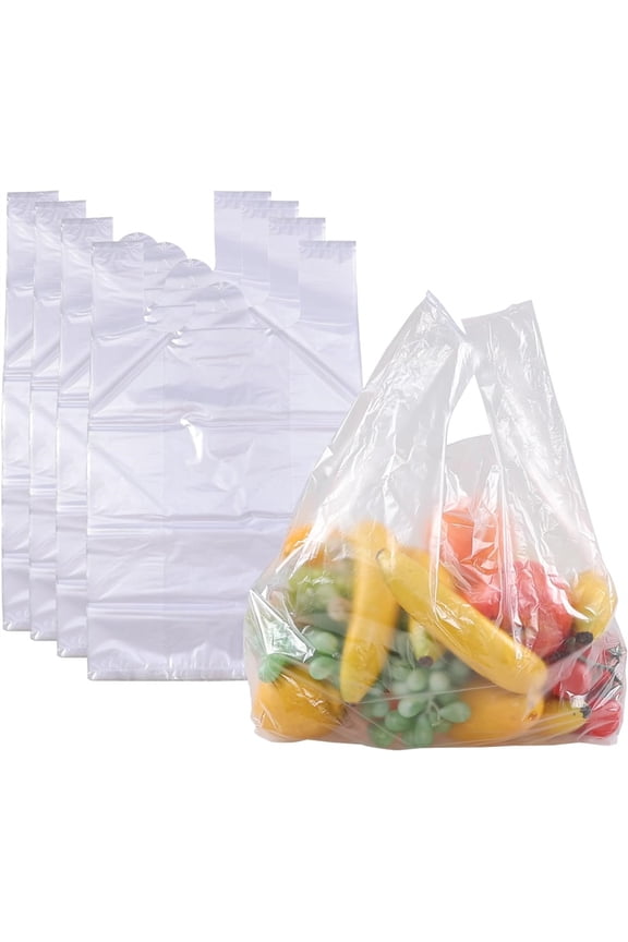 50pcs Plastic T-Shirt Bags with Handles, 18 x 12 Inch Clear Shopping Bag in Bulk for Small Business Supermarket Restaurant Grocery, Reusable Carry out Retail Bags