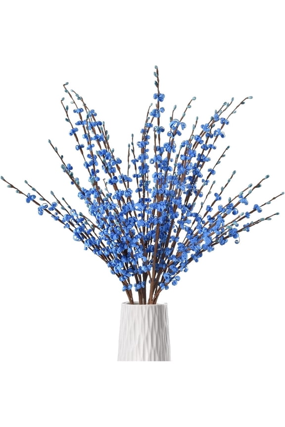 5Pcs Long Stem Jasmine Flowers Artificial, 29.5"/75cm Tall Fake Flower Bouquet, Artificial Pussy Willow Branches for Home Office Wedding Party DIY Floral Art Winter Decor (Blue)