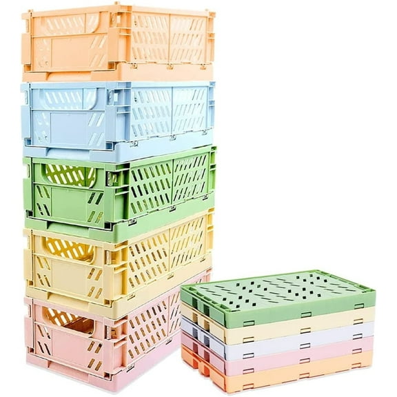 NOGIS 5Pcs Mini Stackable Crates Decor Danish Pastel Aesthetic Stacking Folding Plastic Storage Crate Foldable Bin Baskets Tray for Shelf Grocery Kitchen Bedroom Desktop Organizer Box