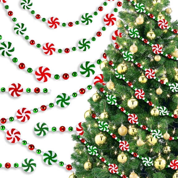 NOGIS 6.6Ft Christmas Tree Candy Garland Fake Acrylic Peppermint Candy Christmas Garland Decoration Red White Green Candy Beaded Garland for Christmas Party Supplies Holiday Xmas Home Decor