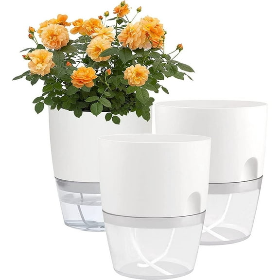 NOGIS 6 Inch Self Watering Flower Pots - Set of 3 Plants Wicking Pots, Violet Pots with Wick Cotton Rope, Plastic Planter Pot with Large Water Storage for Indoor Plants, Flowers, Herbs (White)